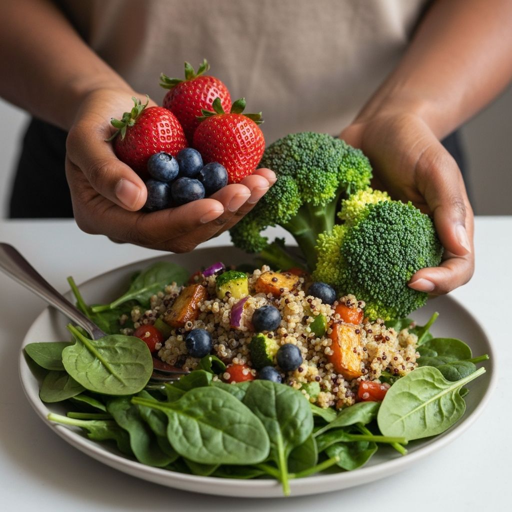 Rukama se drže zdrave namirnice - voće, povrće i pripremljena hrana
